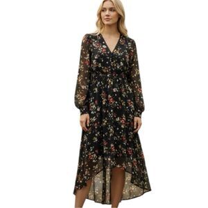 Who What Wear Black Floral Hi/Lo Handkerchief Feminine CottageCore Dress L